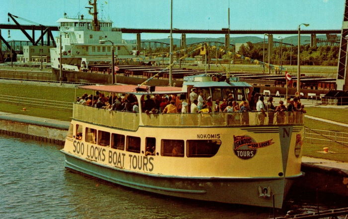Soo Locks Boat Tours - Old Postcard (newer photo)